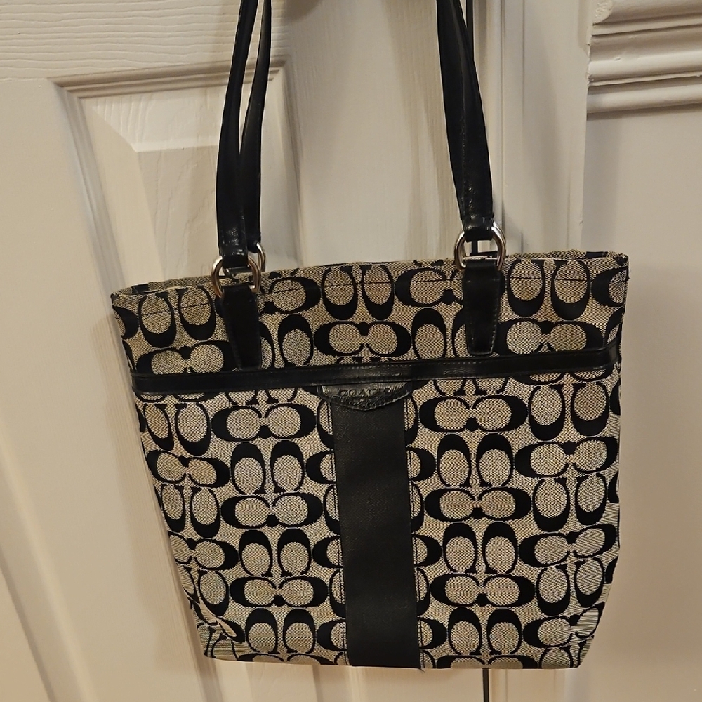 Coach Black and Cream Signature Jacquard Tote with Leather Trim
